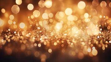 AI generated Luxury festive gold glitter bokeh sparkle background. glamorous shimmering out of focus wallpaper backdrop with copy space photo