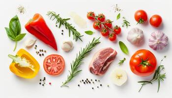 AI generated Paprika, pepper, raw meat, tomatoes, garlic and spices. Raw cooking ingredients recipe concept isolated on a white background photo