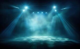 AI generated Stage with scenic lights presentation mockup with smoke background. Blue hues event spotlight backdrop photo