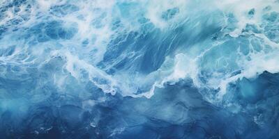 ai generado resumen azul Oceano olas estrellarse con blanco espuma y salpicaduras antecedentes. H2O expresivo, artístico, modelo textura fondo de pantalla fondo foto