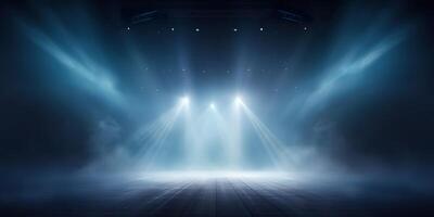 AI generated Stage with scenic lights presentation mockup with smoke background. Blue hues event spotlight backdrop photo