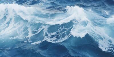 ai generado resumen azul Oceano olas estrellarse con blanco espuma y salpicaduras antecedentes. H2O expresivo, artístico, modelo textura fondo de pantalla fondo foto