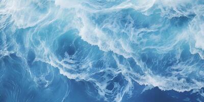 AI generated Abstract blue ocean waves crashing with white foam and splashes background. H2O expressive, artistic, pattern texture wallpaper backdrop photo