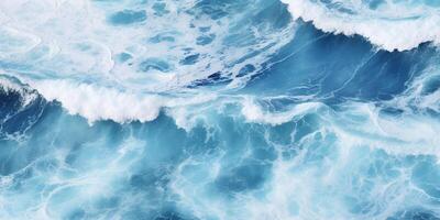 ai generado resumen azul Oceano olas estrellarse con blanco espuma y salpicaduras antecedentes. H2O expresivo, artístico, modelo textura fondo de pantalla fondo foto