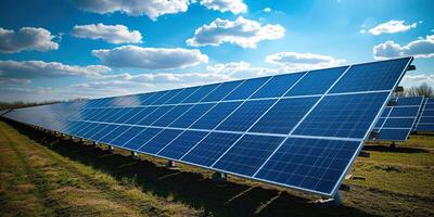 ai generado solar paneles en el Dom con un azul cielo. sostenible, ecológico, limpiar energía granja tecnología foto