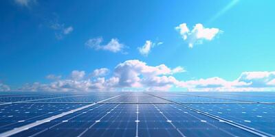 AI generated Solar panels in the sun with a blue sky. Sustainable, ecological, clean energy farm technology photo