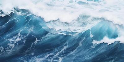 ai generado resumen azul Oceano olas estrellarse con blanco espuma y salpicaduras antecedentes. H2O expresivo, artístico, modelo textura fondo de pantalla fondo foto