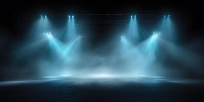 AI generated Stage with scenic lights presentation mockup with smoke background. Blue hues event spotlight backdrop photo
