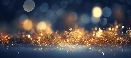 ai generado acogedor Navidad dorado copos de nieve en el nieve antecedentes con amarillo y azul bokeh matices festivo, edificante fondo de pantalla fondo foto