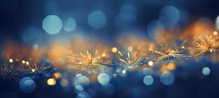 AI generated Cozy Christmas golden snowflakes on the snow background with yellow and blue bokeh hues. Festive, uplifting wallpaper backdrop photo