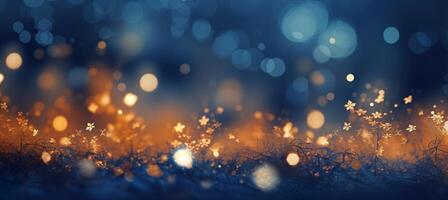 AI generated Cozy Christmas golden snowflakes on the snow background with yellow and blue bokeh hues. Festive, uplifting wallpaper backdrop photo