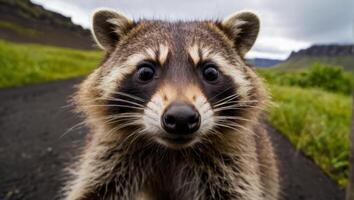 A close-up image of a raccoon with a curious expression, set against a backdrop of greenery and mountains photo