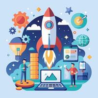 Startup business vector concept in flat style. Rocket launch from a laptop, people and icons.