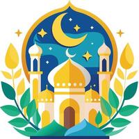 Mosque with crescent moon and stars. Vector illustration in flat style