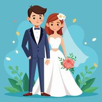 Bride and groom on a blue background. Vector illustration in cartoon style.