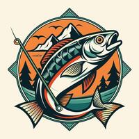 Vector illustration of salmon fish with fishing rod and mountain landscape in the background