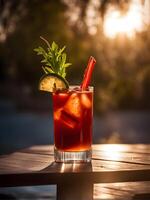 AI generated Vodka and tomato juice cocktail in a glass outdoors photo
