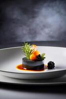 ai generado raro molecular gastronomía plato en un blanco plato foto