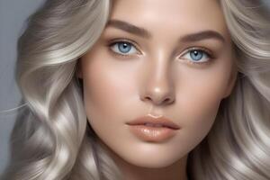 AI generated blonde with blue eyes, nude makeup and clear skin photo