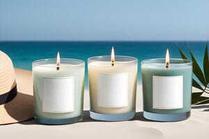 AI generated candles in a glass jar in marine colors on a sea background photo