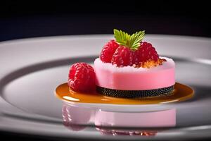 AI generated unusual molecular gastronomy with raspberry dish on a white plate photo