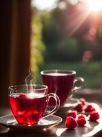 AI generated tea with raspberries in a transparent cup on a summer sunny background photo