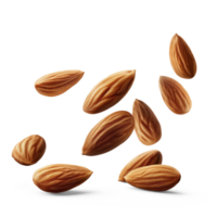 AI generated Almonds falling healthy snack isolated on a white background, showcasing their natural organic and raw quality, AI generated, PNG transparent with shadow