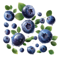 AI generated Ripe Blueberries falling in air with Blueberry leaves, Healthy organic berry natural ingredients concept, AI generated, PNG transparency