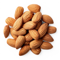 AI generated Almonds pile healthy snack isolated on a white background, showcasing their natural organic and raw quality, AI generated, PNG transparent with shadow