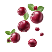 AI generated Falling Cranberries falling in air with Cranberry leaves, Healthy organic berry natural ingredients concept, AI generated, PNG transparency with shadow