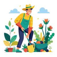 Gardener with watering can and flowers in the garden. Flat vector illustration.