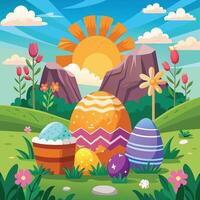 Easter background with colorful eggs and flowers. Vector illustration in flat style