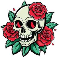 Skull with red roses on the white background. Vector illustration.