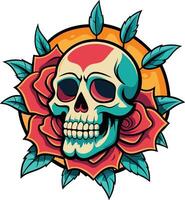 Skull with rose and sun. Vector illustration for t-shirt design.