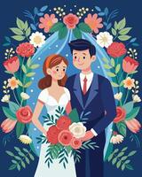 Wedding couple with bouquet of flowers. Vector illustration.