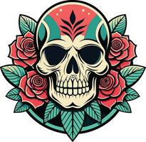 Skull with roses. Vector illustration for tattoo or t-shirt design. retro color