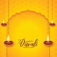 happy diwali background with hanging diya design vector