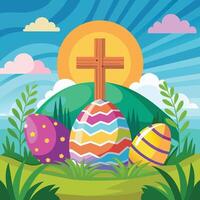 Easter eggs and cross in the meadow. Colorful vector illustration.