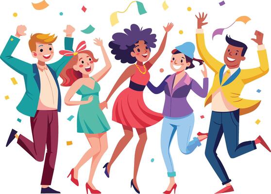 Happy young people dancing and having fun at party. Cheerful men and women having fun with confetti. Vector illustration