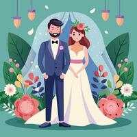 Boda Pareja con flores decoración etapa vector ilustración