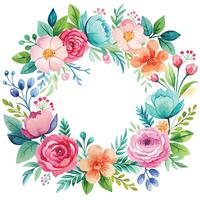 Watercolor floral wreath with flowers and leaves. Hand drawn vector illustration.