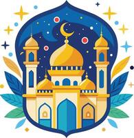 Vector illustration of a mosque with moon and stars in the background.