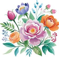 Watercolor Flower bouquet with roses, peonies and leaves. Vector illustration.