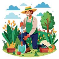 Gardener working in the garden. Vector cartoon illustration.