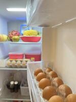 Fresh fruits and eggs in the refrigerator photo