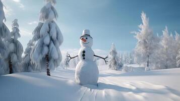 AI generated Snowman standing in winter. Little snowman made outside. Morning light, Winter landscape photo