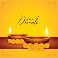 happy diwali yellow background with diya and flower vector