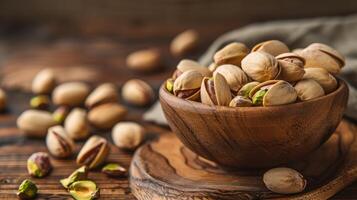 AI generated Bowl with pistachios on a wooden table. photo