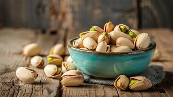 AI generated Bowl with pistachios on a wooden table. photo