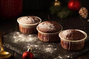 chocolate muffins with powdered sugar on top on a black background. Christmas decoration . Still life close up. Food photo. photo